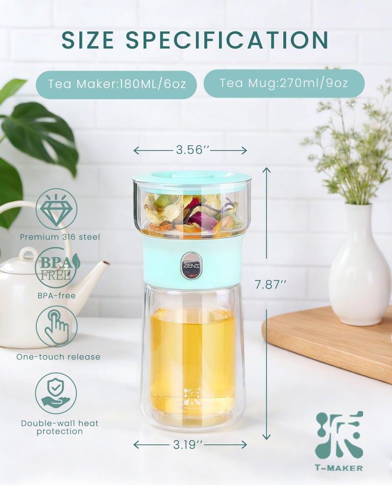 ZENS Modern Glass Tea Infuser Teapot, Smart One Touch Tea Maker for Loose Tea Diffusers with Insulated Mug and Cute Portable Tea Kits for Tea Lover Gifts - Image 4