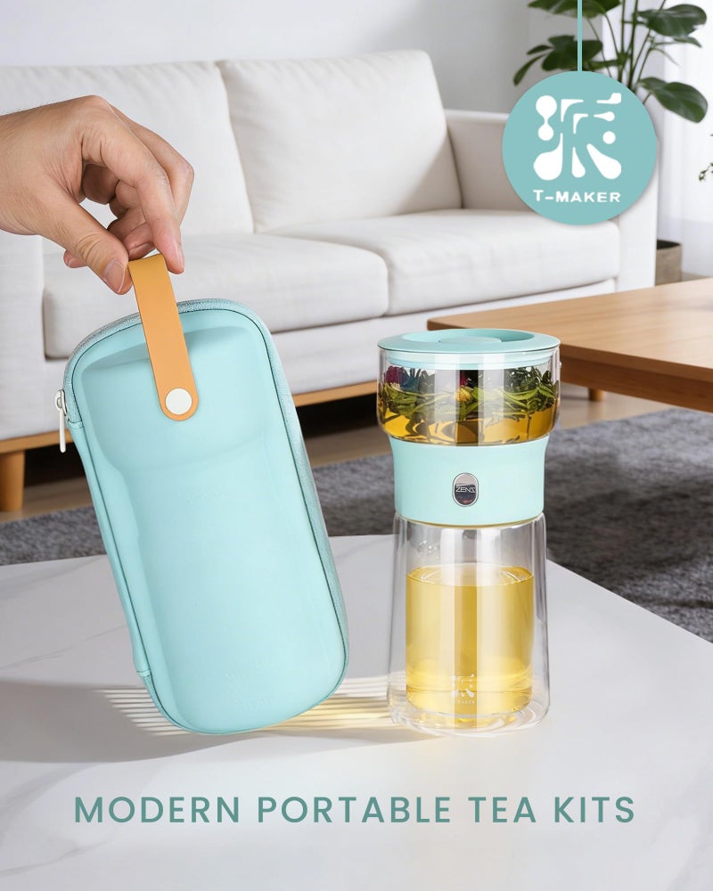 ZENS Modern Glass Tea Infuser Teapot, Smart One Touch Tea Maker for Loose Tea Diffusers with Insulated Mug and Cute Portable Tea Kits for Tea Lover Gifts - Image 3