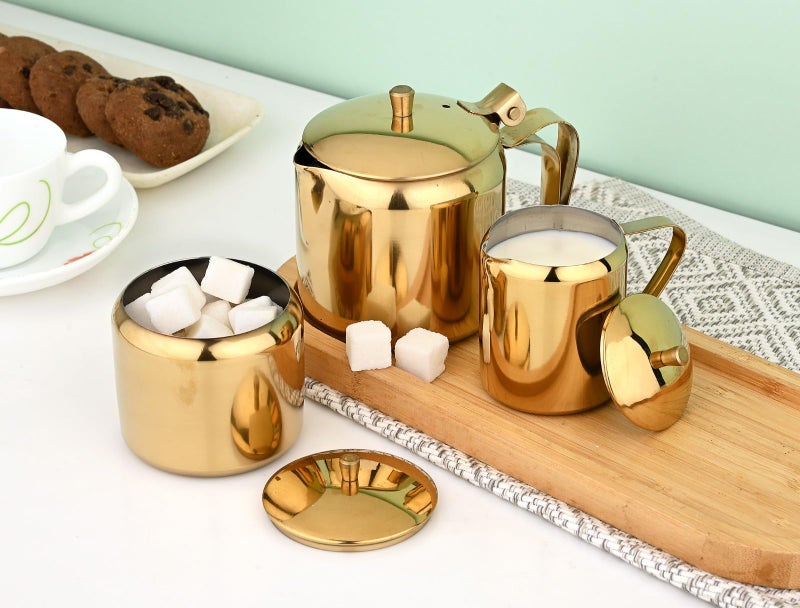 finality PVD Coating Stainless Steel Serving Tea Pot with Milk Pot and Sugar Pot,Serving Tea Pot Set with Lid - (Gold) - Image 1