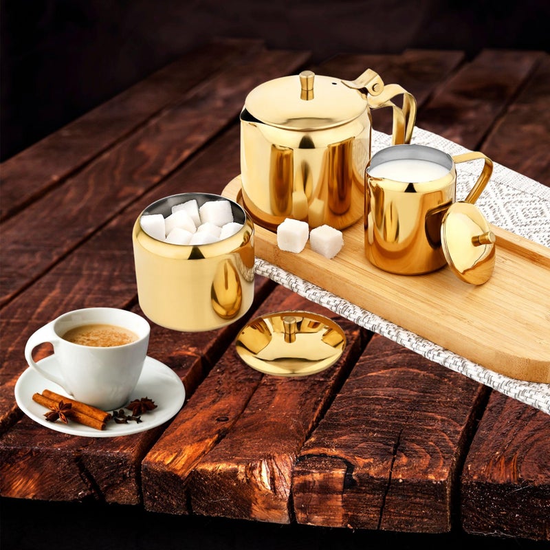 finality PVD Coating Stainless Steel Serving Tea Pot with Milk Pot and Sugar Pot,Serving Tea Pot Set with Lid - (Gold) - Image 2