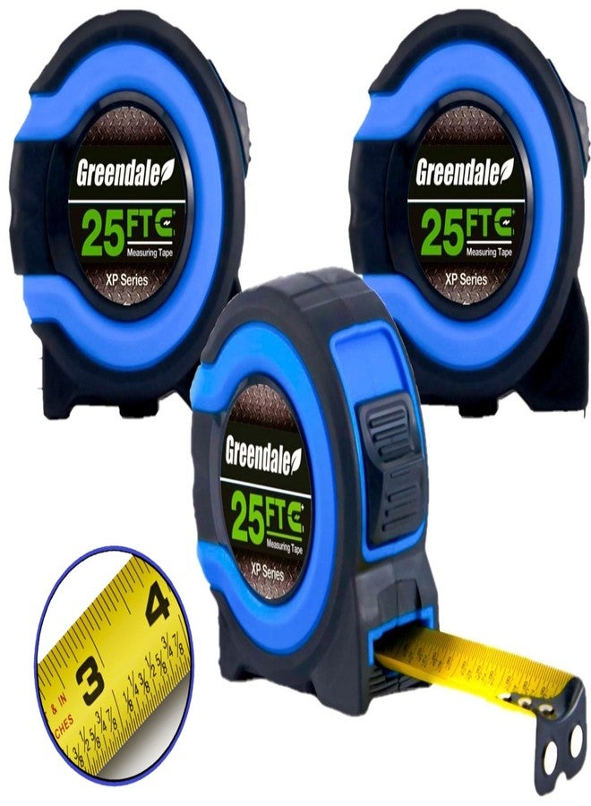 Greendale - 3 Pack - Tape Measures 25 ft - Easy to Read Fractions to 1/8th inch - Magnetic Tip - Thumb and Quick Lock - Autowind - Belt Clip - Blue - Measuring Tape Retractable - Image 1