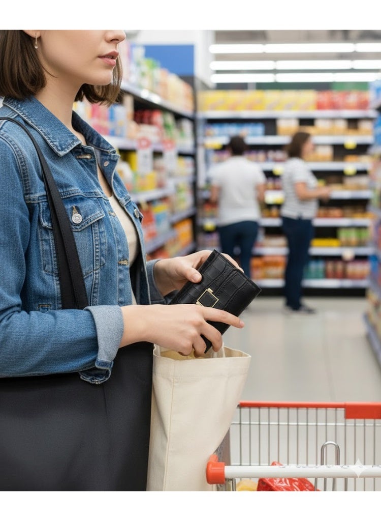 zoba Women's luxury wallet made of high-quality faux leather with an elegant pattern - gold metal clasp gives a touch of luxury - smart interior organization for cards, cash and bills (black color) - Image 2