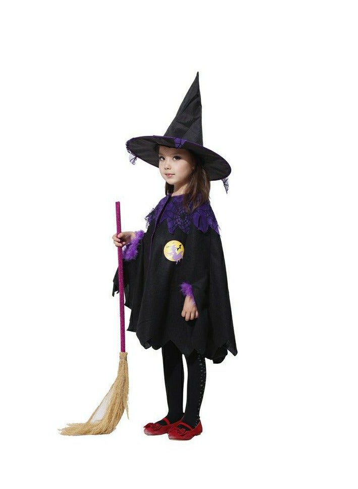 CityRiya-Long Kids Costumes Cape Witch Cloak Black Witch Cloak Girls Costumes Cape Robe Cosplay Party Cloak Devil Witch Wizard Robe with Hat & Broom Kids Fancy Party Dress Up Costumes for Kids Height 120cm - Image 2