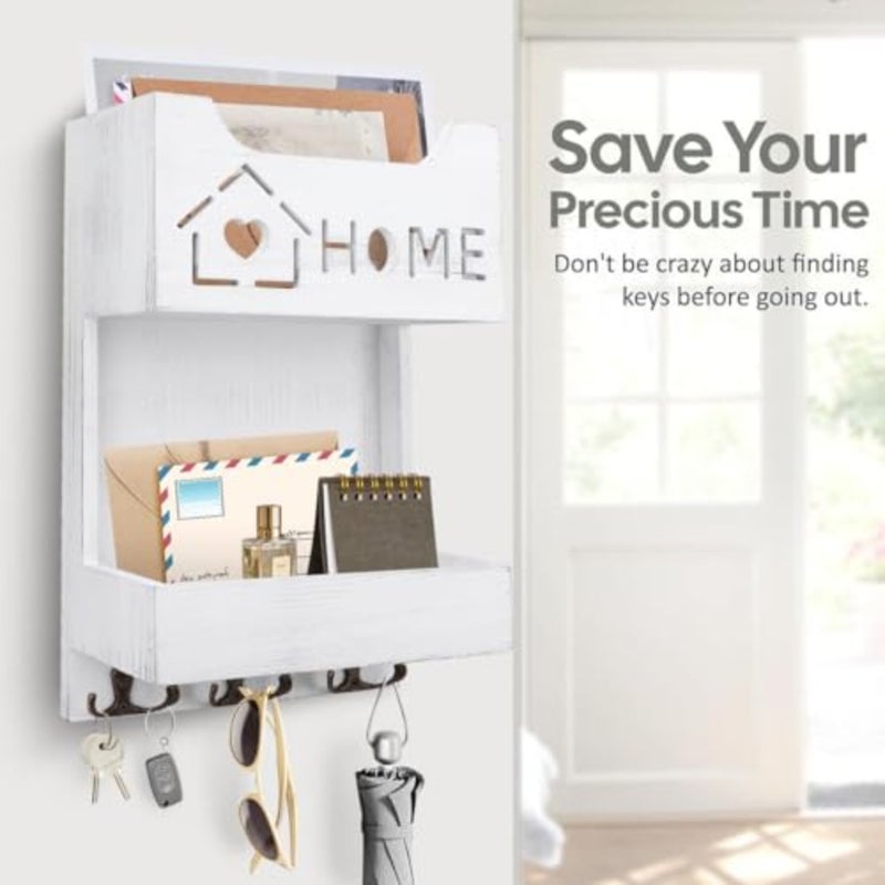 علاقة مفاتيح مثبتة على الحائط مع صندوق بريد، منظم بريد خشبي، رف مزدوج الطبقة للرسائل والصحف والمجلات و6 خطافات للمفاتيح - Image 3