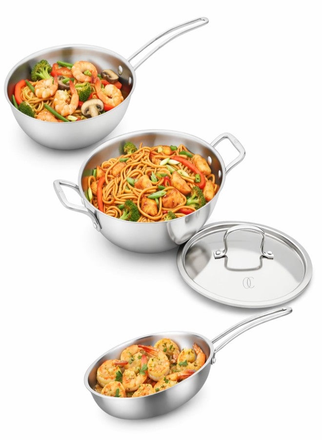 Omichef Primax Triply Stainless Steel Cookware Set of Kadhai, Frypan, Wok & Lid | Induction Compatible | 5 Year Warranty | Sleek Wired Handles (Set of 3 PCS, with Lid 22CMS) - Image 1