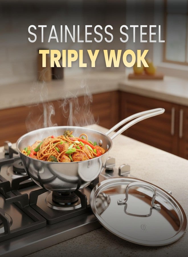 Omichef Primax Triply Stainless Steel Cookware Set of Kadhai, Frypan, Wok & Lid | Induction Compatible | 5 Year Warranty | Sleek Wired Handles (Set of 3 PCS, with Lid 22CMS) - Image 2