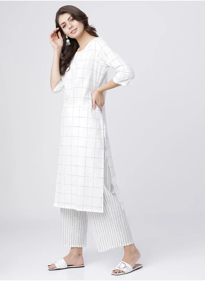 Vishudh Women White Checked Cotton Kurta Set with Palazzo and Dupatta by Styli