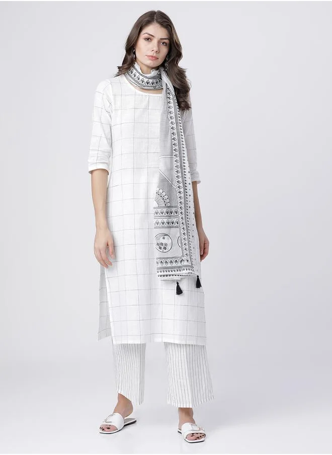 Vishudh Women White Checked Cotton Kurta Set with Palazzo and Dupatta by Styli