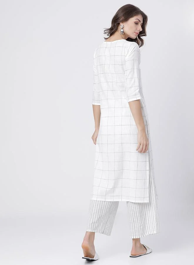 Vishudh Vishudh Women White Checked Cotton Kurta Set with Palazzo and Dupatta