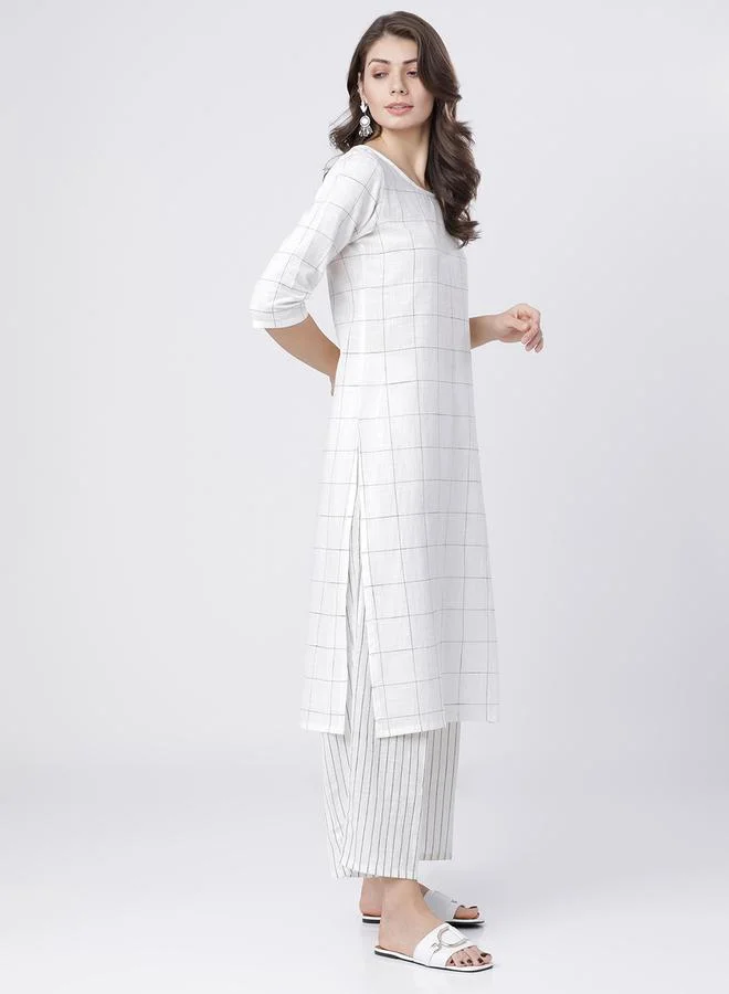 Vishudh Vishudh Women White Checked Cotton Kurta Set with Palazzo and Dupatta