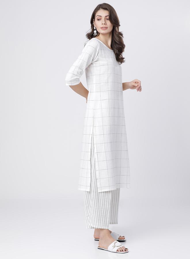 فيشود طقم كورتا نسائي أبيض كاروهات قطن مع بالازو ودوباتا - Image 5