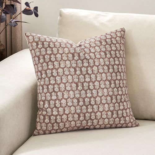 DOMVITUS Floral Pillow Covers, 18x18 Pillow Cover, Couch Pillows for Living Room, Decorative Farmhouse Accent Block Print Throw Pillow Covers, 1PC, Cognac Brown - Image 1