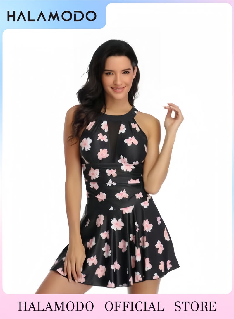 هالامودو فستان سباحة نسائي من قطعة واحدة بتنورة، ملابس سباحة للتحكم في البطن، ملابس سباحة للتنحيف، ملابس سباحة بدون أكمام - Image 1