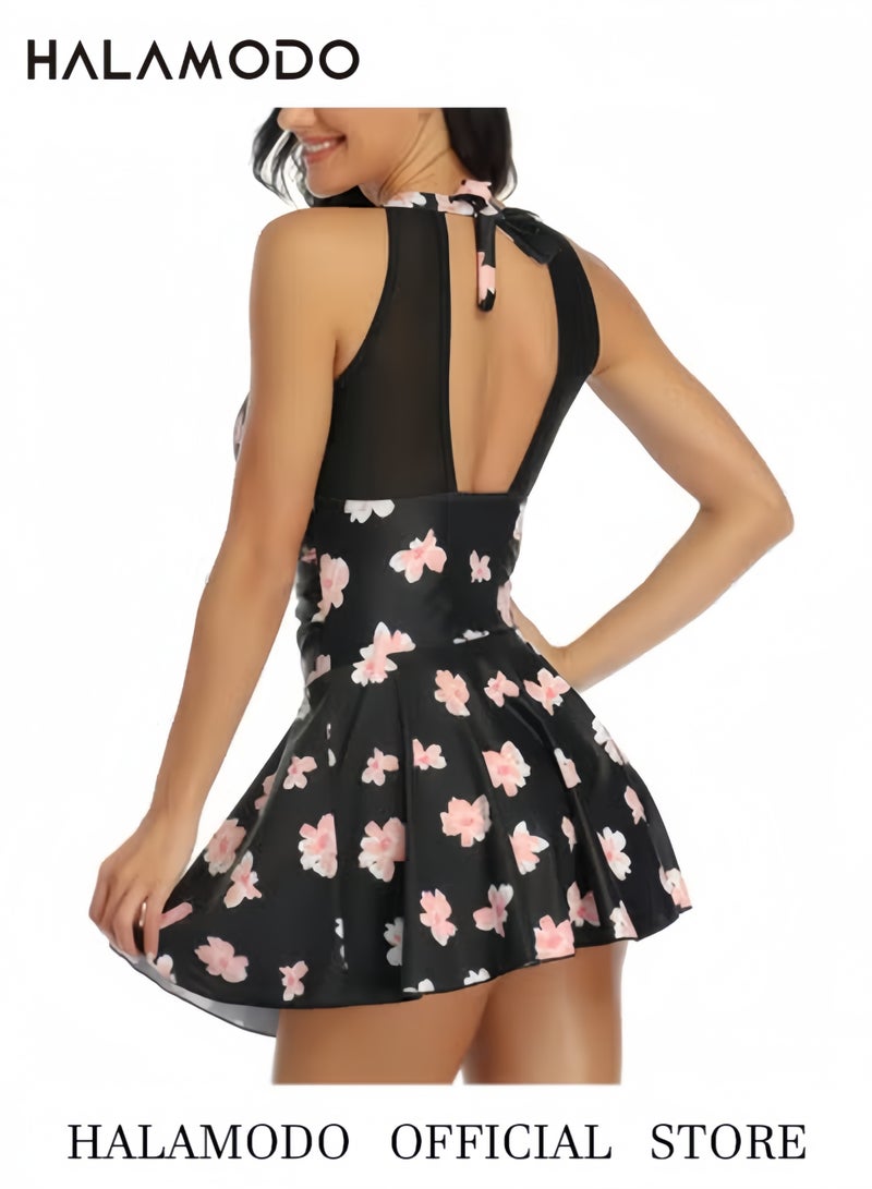 هالامودو فستان سباحة نسائي من قطعة واحدة بتنورة، ملابس سباحة للتحكم في البطن، ملابس سباحة للتنحيف، ملابس سباحة بدون أكمام - Image 3