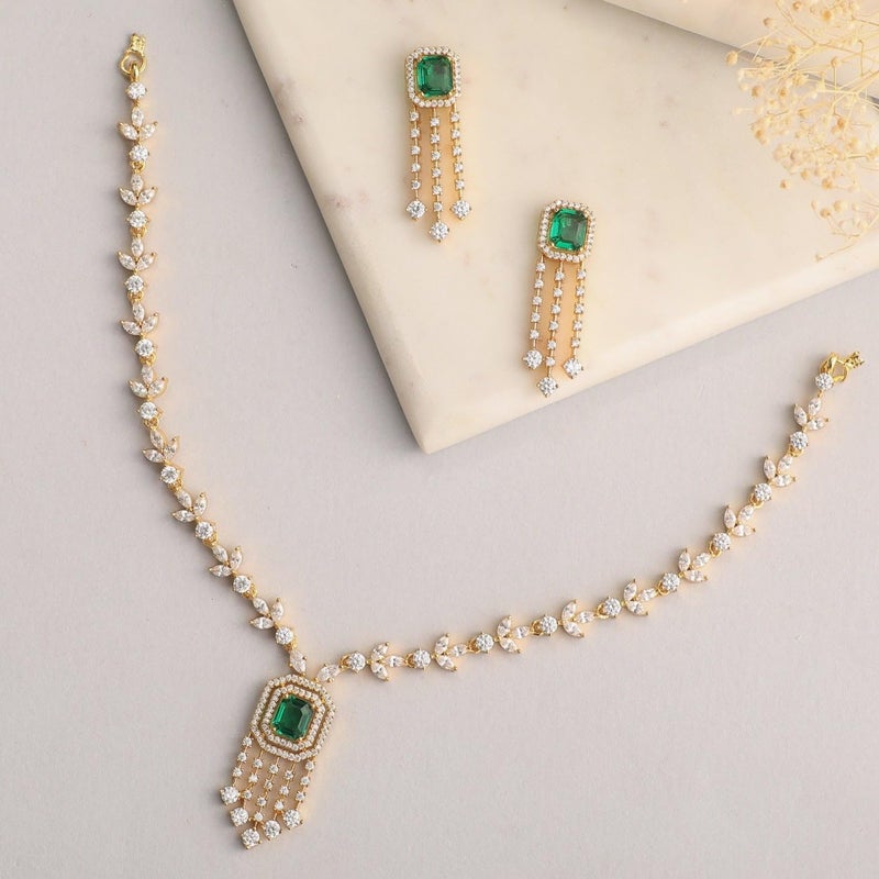 TARINIKA Green and White Cubic Zirconia(CZ) Indian Necklace Set with Earrings, Gold Plated Brass Fashion Indian Jewelry Gift for Women Bollywood Costume Jewellery (Mireille Delicate CZ) - Image 2