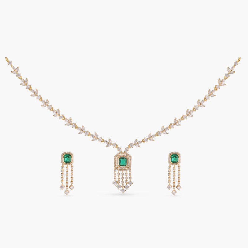 TARINIKA Green and White Cubic Zirconia(CZ) Indian Necklace Set with Earrings, Gold Plated Brass Fashion Indian Jewelry Gift for Women Bollywood Costume Jewellery (Mireille Delicate CZ) - Image 1