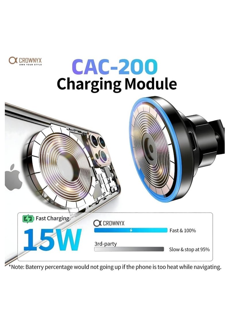 كراونيكس شاحن سيارة لاسلكي CROWNYX CAC-200 ثنائي في واحد بقوة 15 واط - شحن سريع بتقنية MagSafe، حامل بزاوية 360 درجة للوحة القيادة وفتحات التهوية، متوافق مع أجهزة iPhone وSamsung Galaxy S وGoogle Pixel 7-9 وOnePlus 11-13 - Image 2