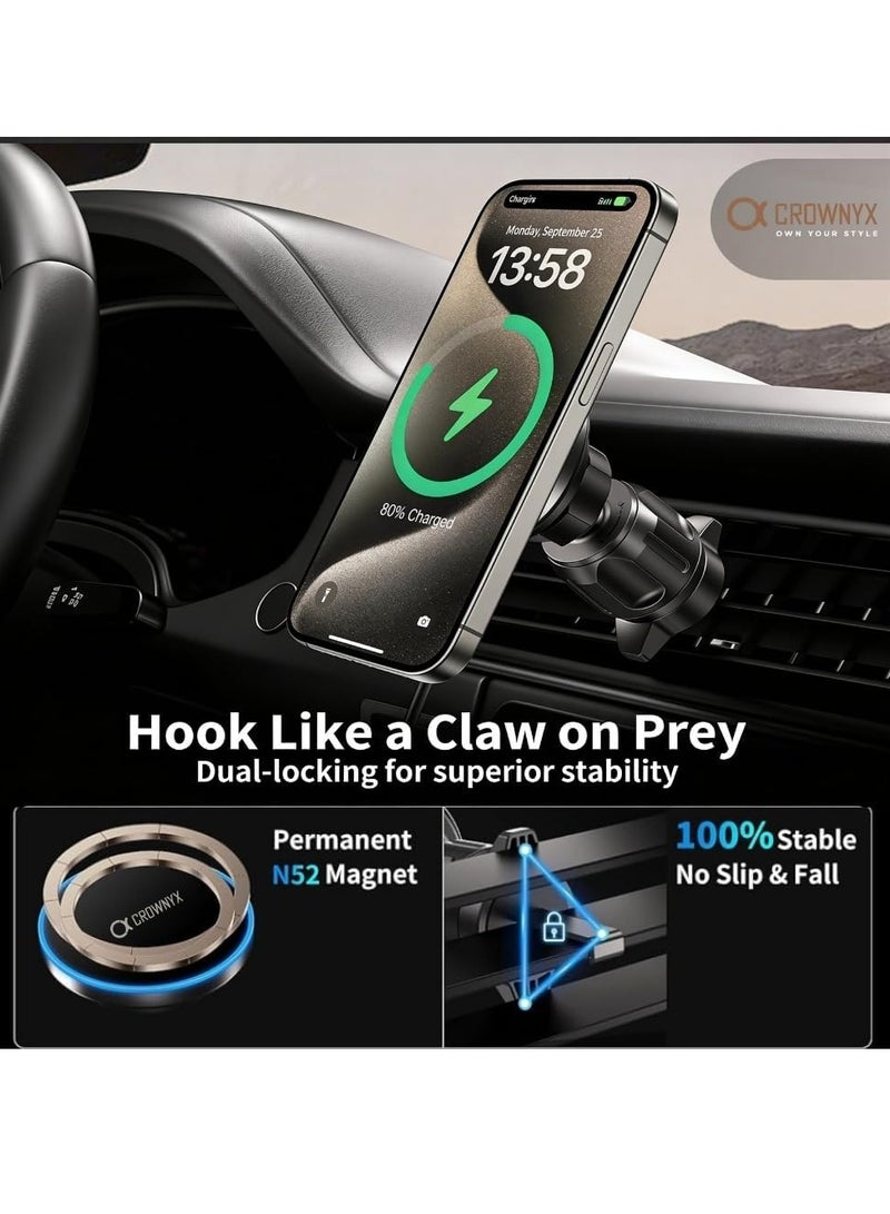 كراونيكس شاحن سيارة لاسلكي CROWNYX CAC-200 ثنائي في واحد بقوة 15 واط - شحن سريع بتقنية MagSafe، حامل بزاوية 360 درجة للوحة القيادة وفتحات التهوية، متوافق مع أجهزة iPhone وSamsung Galaxy S وGoogle Pixel 7-9 وOnePlus 11-13 - Image 3