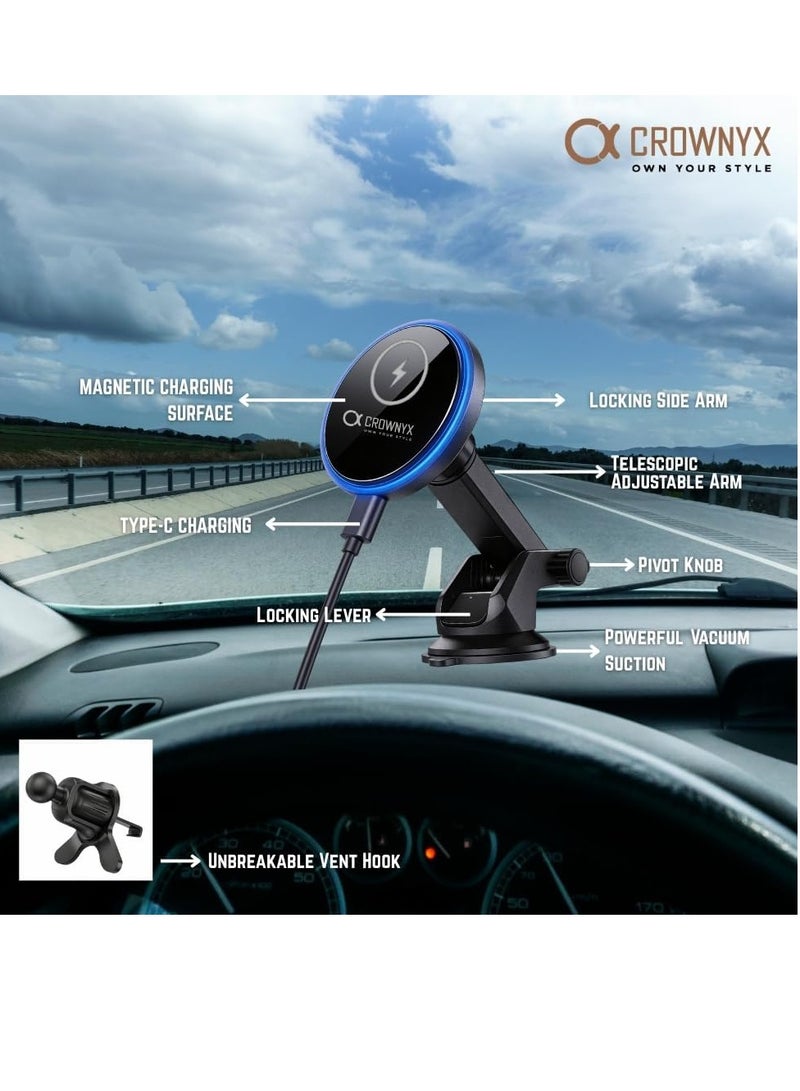 كراونيكس شاحن سيارة لاسلكي CROWNYX CAC-200 ثنائي في واحد بقوة 15 واط - شحن سريع بتقنية MagSafe، حامل بزاوية 360 درجة للوحة القيادة وفتحات التهوية، متوافق مع أجهزة iPhone وSamsung Galaxy S وGoogle Pixel 7-9 وOnePlus 11-13 - Image 5