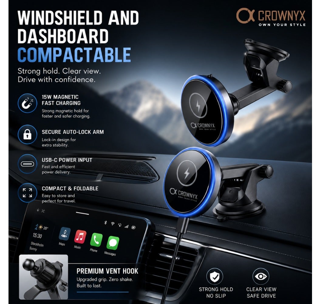 CROWNYX CAC-200 2-in-1 Wireless Car Charger 15W – Magnetic Fast Charging 360° Mount for Dashboard & Air Vent, Compatible with iPhone, Samsung Galaxy S, Google Pixel 7–9 & OnePlus 11–13