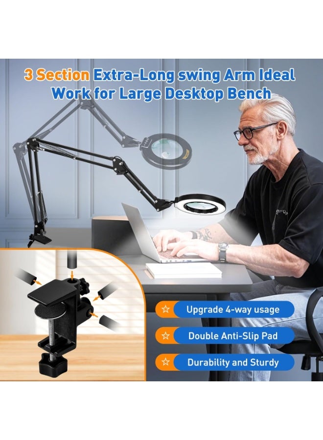 عام ذراع متأرجح طويل للغاية مكون من 3 أقسام عدسة مكبرة 12X مع ضوء وحامل، مصباح مكبر مضاء بمشبك معدني قوي كبير بأربعة اتجاهات، 5 أوضاع ألوان LED مصباح مكبر لطاولة العمل والحرف اليدوية والهوايات - Image 2