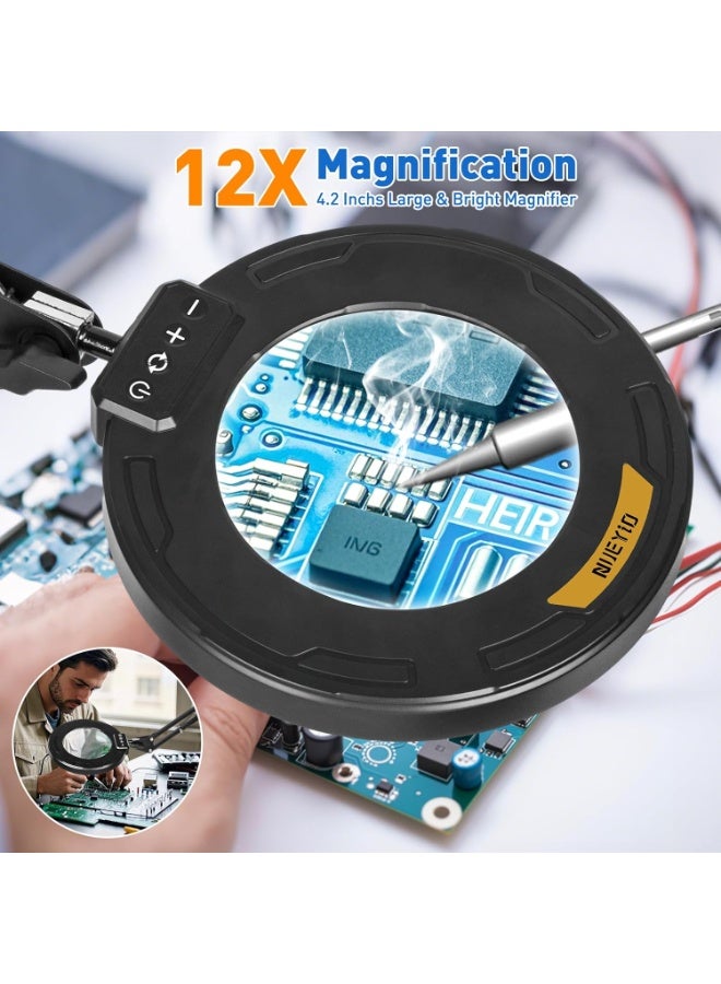 عام ذراع متأرجح طويل للغاية مكون من 3 أقسام عدسة مكبرة 12X مع ضوء وحامل، مصباح مكبر مضاء بمشبك معدني قوي كبير بأربعة اتجاهات، 5 أوضاع ألوان LED مصباح مكبر لطاولة العمل والحرف اليدوية والهوايات - Image 4