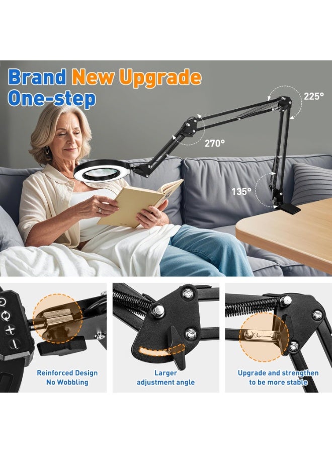 عام ذراع متأرجح طويل للغاية مكون من 3 أقسام عدسة مكبرة 12X مع ضوء وحامل، مصباح مكبر مضاء بمشبك معدني قوي كبير بأربعة اتجاهات، 5 أوضاع ألوان LED مصباح مكبر لطاولة العمل والحرف اليدوية والهوايات - Image 5