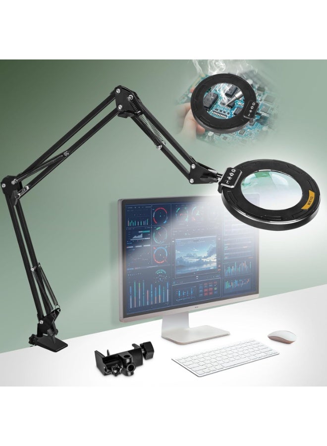 عام ذراع متأرجح طويل للغاية مكون من 3 أقسام عدسة مكبرة 12X مع ضوء وحامل، مصباح مكبر مضاء بمشبك معدني قوي كبير بأربعة اتجاهات، 5 أوضاع ألوان LED مصباح مكبر لطاولة العمل والحرف اليدوية والهوايات - Image 1