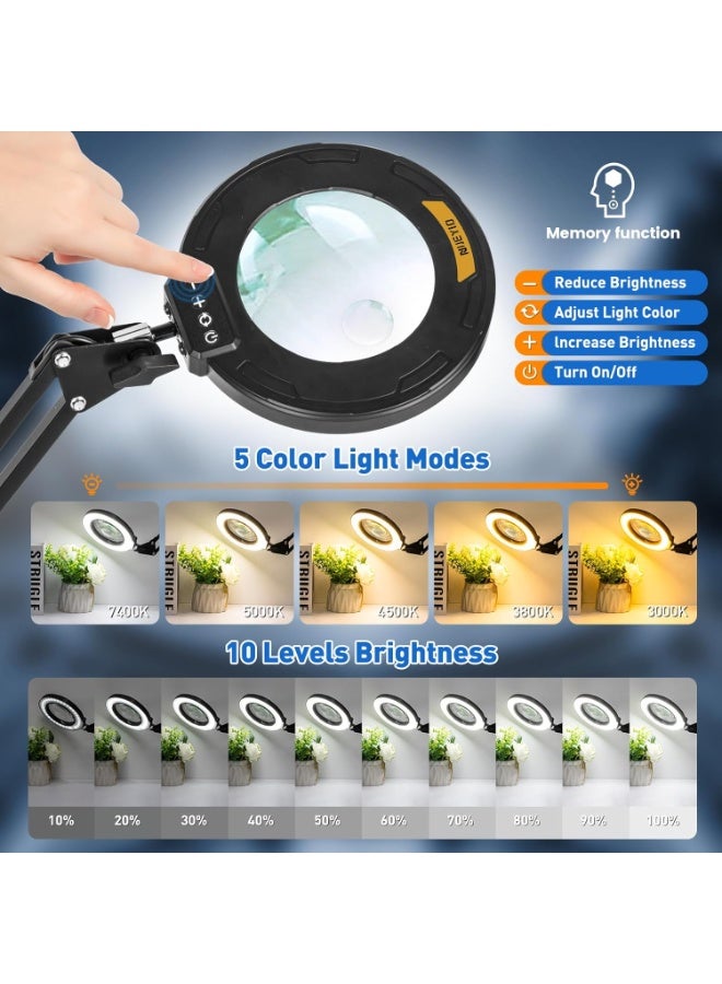 عام ذراع متأرجح طويل للغاية مكون من 3 أقسام عدسة مكبرة 12X مع ضوء وحامل، مصباح مكبر مضاء بمشبك معدني قوي كبير بأربعة اتجاهات، 5 أوضاع ألوان LED مصباح مكبر لطاولة العمل والحرف اليدوية والهوايات - Image 3