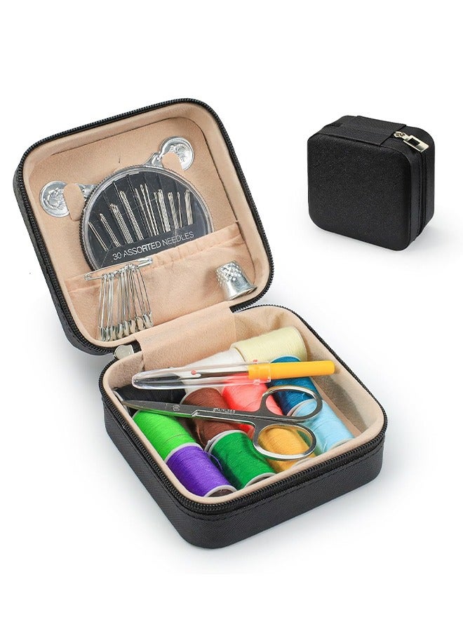 Mini Travel Sewing Kit Leather Case, Small Sewing Kit for Adults and Beginners, Basic Needle and Thread Kit for Emergency Hand Sewing Repair Supplies (Black)  - Image 1