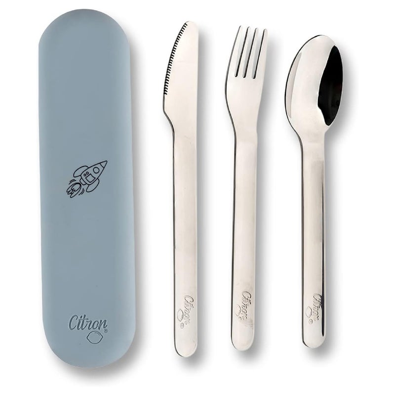 Citron Kids Stainless Steel Cutlery Set with Silicone Case - Dusty Blue | Spoon, Fork & Knife Travel Utensil Set | BPA-Free Portable Flatware for Kids 3+ Years - Image 1