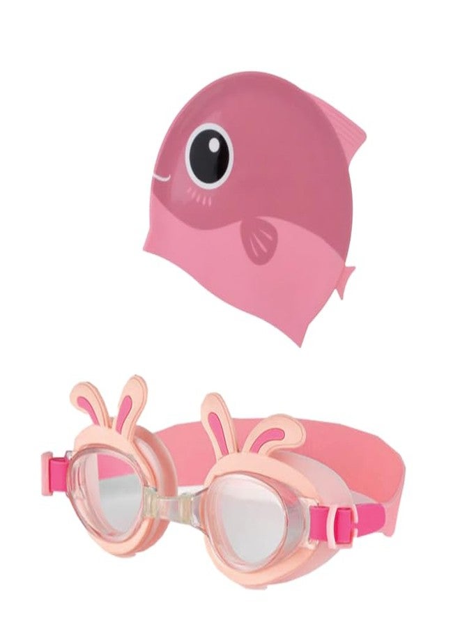 LIL PLANET Swimming Cap with Swim Goggles and Storage Bag for Kids (Combo) (Age 3-12), Silicone Waterproof Swimming and Bathing Caps for Long and Short Hair Girls Boys (Pink) - Image 1