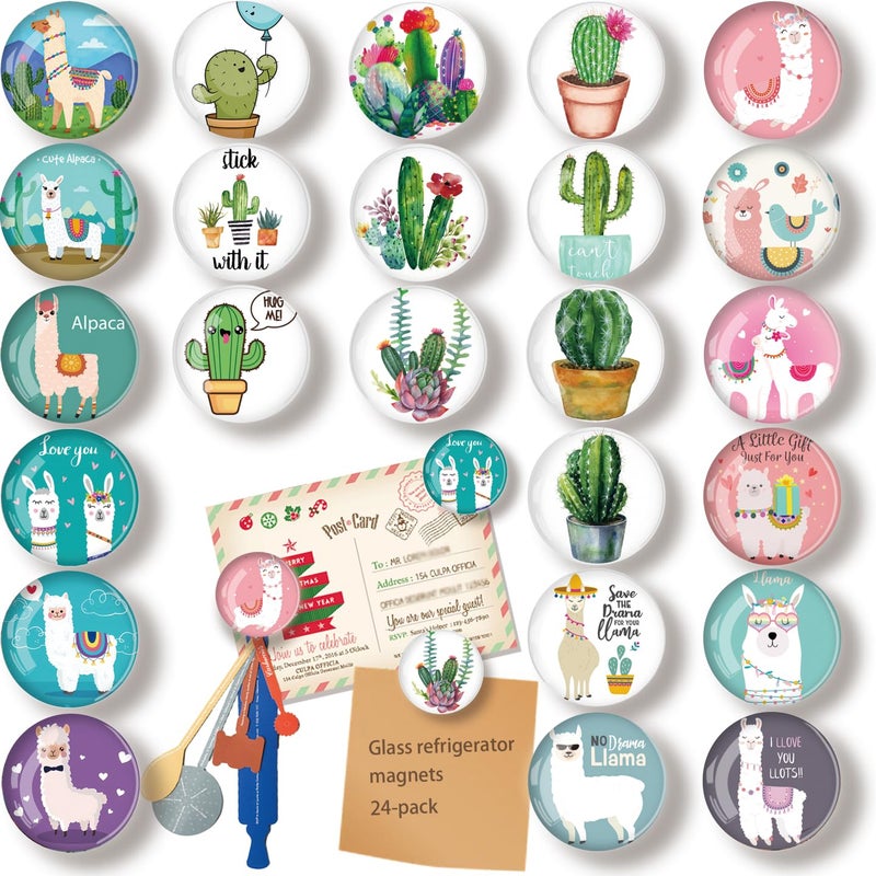 YayaCat 24Pcs 1.2in Round Crystal Glass Refrigerator Magnets,Strong & Non Scratch for Fridge,Locker,Office,Classroom & Kitchen Decor,Irresistibly Cute Alpaca & Cactus Design - Image 1