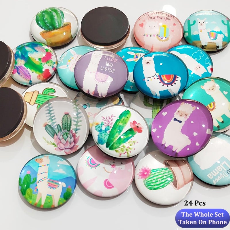 YayaCat 24Pcs 1.2in Round Crystal Glass Refrigerator Magnets,Strong & Non Scratch for Fridge,Locker,Office,Classroom & Kitchen Decor,Irresistibly Cute Alpaca & Cactus Design - Image 3