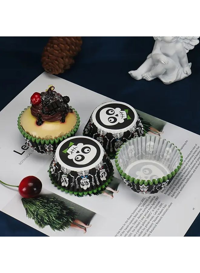 Polychrome Skeleton Pattern Halloween Dessert Paper Cups Set Of 100 Oil Proof Cake Trays - Image 1