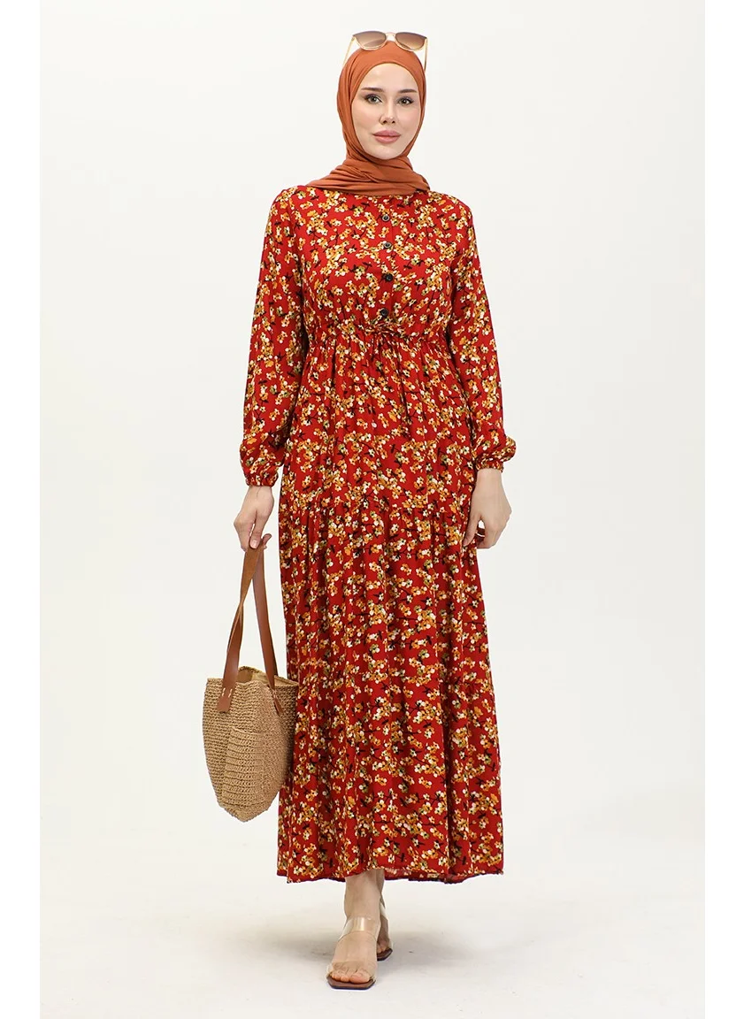 Sefa Merve Floral Patterned Viscose Dress 0426-02 Claret Red Mustard