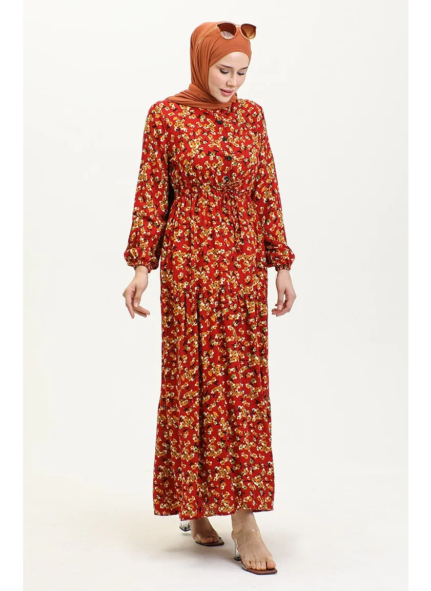 Sefa Merve Floral Patterned Viscose Dress 0426-02 Claret Red Mustard