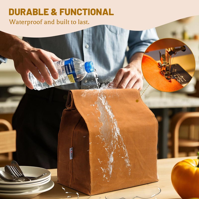 CZYY Waxed Canvas Lunch Bags Brown Paper Bag Styled - Classic Updated - Reusable and Washable, Worthbuy Lunch Box for Men & Women - Image 5