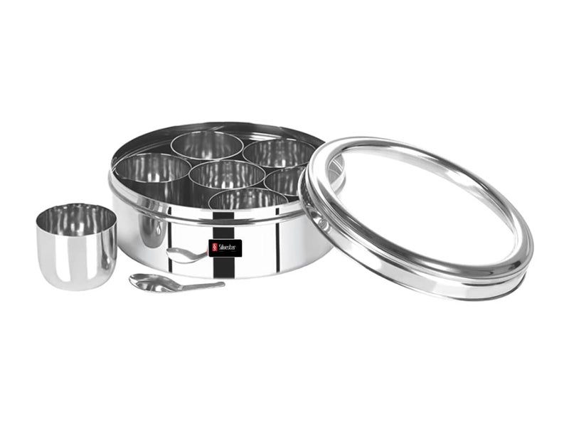 SILVESTER Stainless Steel Round Masala Spice BoxContainerOrganiser with See Through Lid With 7 Containers and Small Spoon Size 11 Stailness Steel Pack of 1 - Image 2