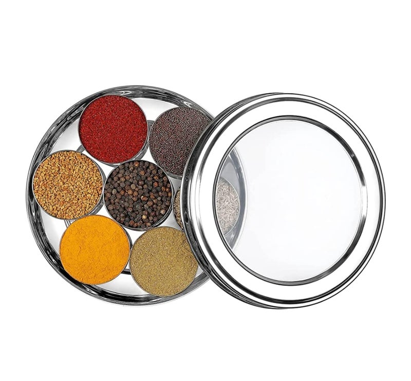 SILVESTER Stainless Steel Round Masala Spice BoxContainerOrganiser with See Through Lid With 7 Containers and Small Spoon Size 11 Stailness Steel Pack of 1 - Image 1
