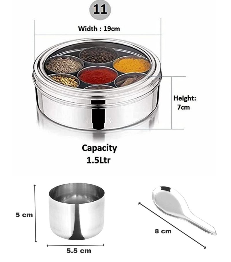 SILVESTER Stainless Steel Round Masala Spice BoxContainerOrganiser with See Through Lid With 7 Containers and Small Spoon Size 11 Stailness Steel Pack of 1 - Image 4