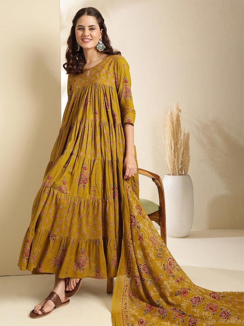 Kimayra Women's Cotton Calf Length Printed Key Hole Neck Tired Kurta Suit Set (KIM9026PC3MUSTARD_S, Mustard) - Image 2