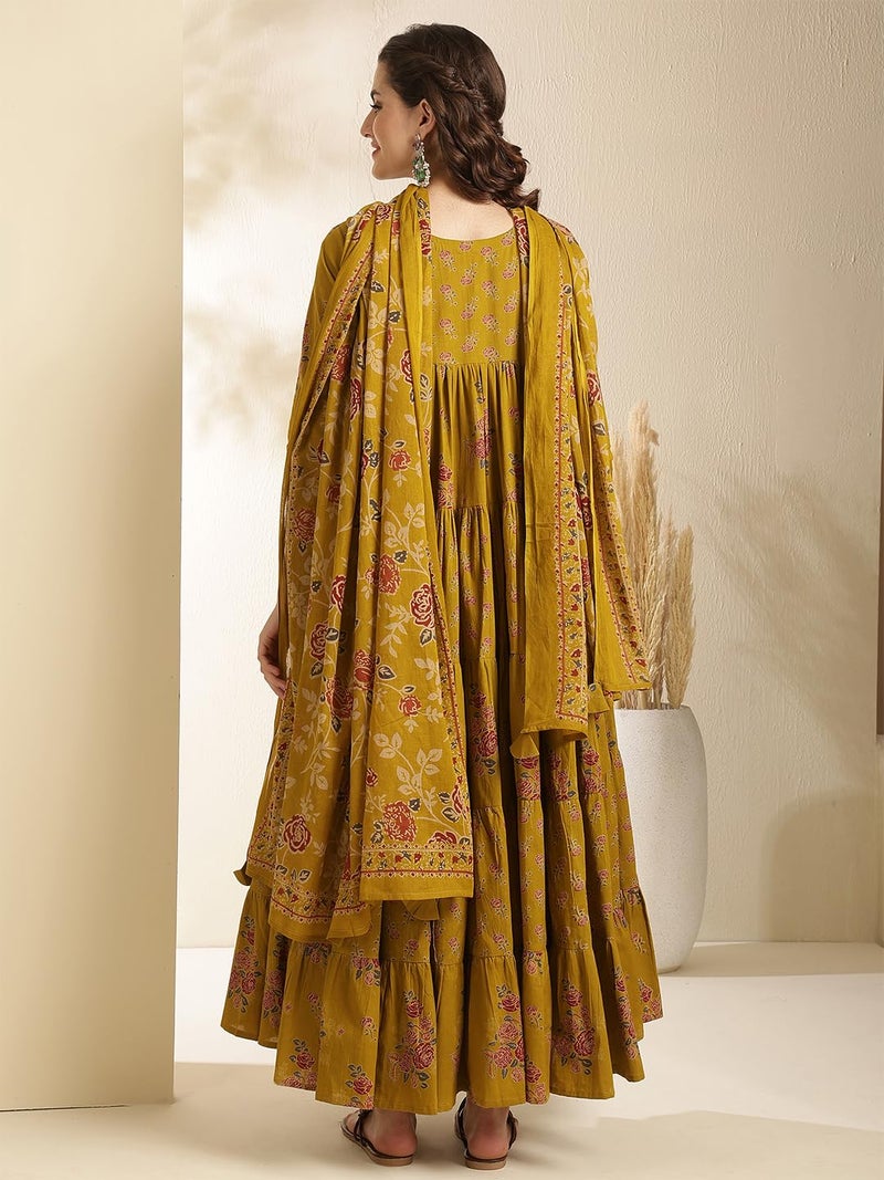 Kimayra Women's Cotton Calf Length Printed Key Hole Neck Tired Kurta Suit Set (KIM9026PC3MUSTARD_S, Mustard) - Image 5