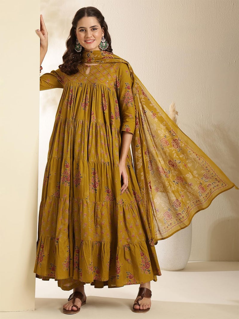 Kimayra Women's Cotton Calf Length Printed Key Hole Neck Tired Kurta Suit Set (KIM9026PC3MUSTARD_S, Mustard) - Image 3