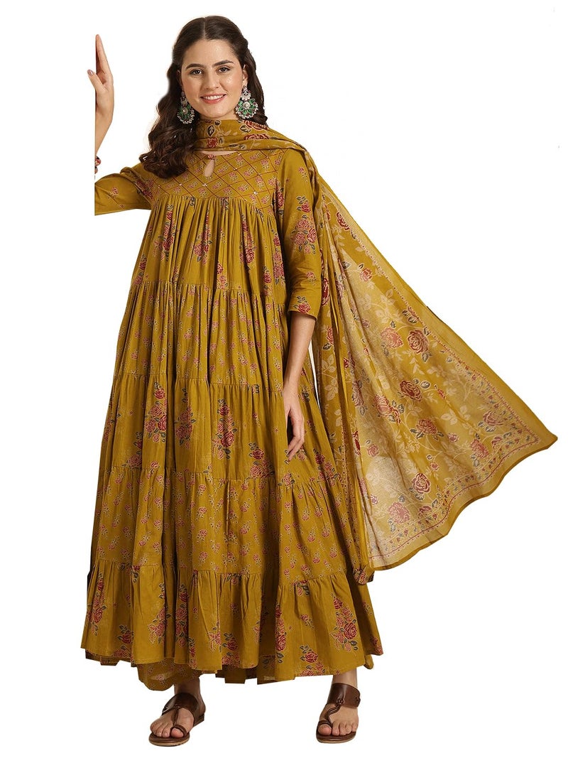 Kimayra Women's Cotton Calf Length Printed Key Hole Neck Tired Kurta Suit Set (KIM9026PC3MUSTARD_S, Mustard) - Image 1