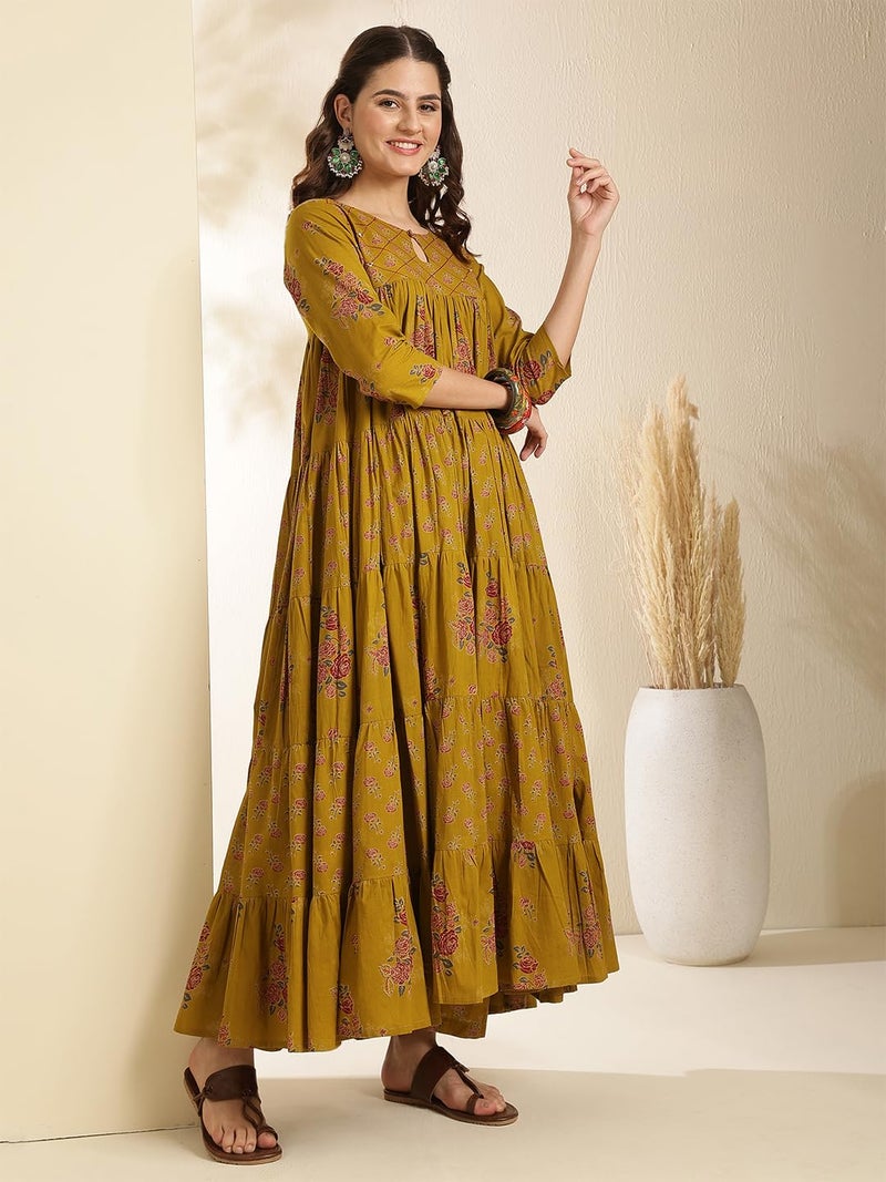 Kimayra Women's Cotton Calf Length Printed Key Hole Neck Tired Kurta Suit Set (KIM9026PC3MUSTARD_S, Mustard) - Image 4