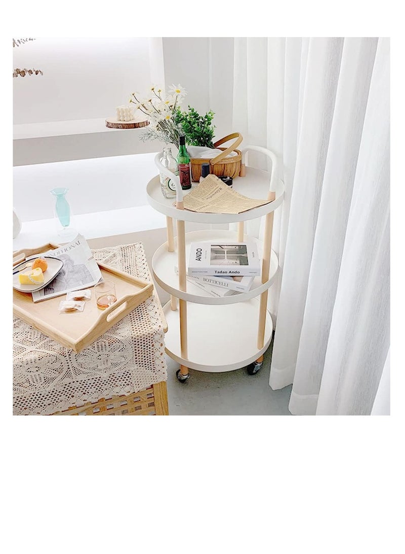 Mobile Rolling Utility Cart, Multifunction Storage Trolley with Wood Frames Plastic Serving Tray with Wheels Movable Organizer Shelves Racks with Handle for Kitchen Living Room (White, Round-3Layer)  - Image 1