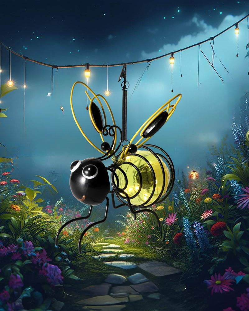 iStatue Solar-Powered Hanging Bee Light - Metal LED Outside Bugs with Bouncy Springs - Solar Fairy Lights for Outside Garden Decor Backyard Balcony Porch Spring Decoration (Yellow) - Image 1