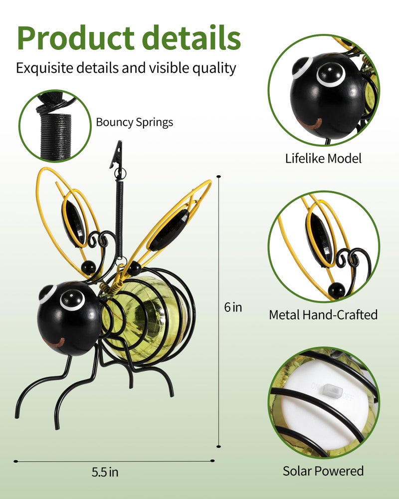 iStatue Solar-Powered Hanging Bee Light - Metal LED Outside Bugs with Bouncy Springs - Solar Fairy Lights for Outside Garden Decor Backyard Balcony Porch Spring Decoration (Yellow) - Image 4