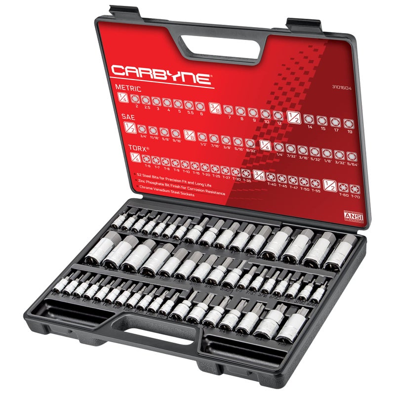 CARBYNE 50Piece Master Torx SAE Metric Hex Bit Allen Socket Set S2 Steel Bits CrV Steel Sockets Durable Storage Case Torx T6 to T70 Metric Hex 2mm to 19mm SAE Hex 564 in to 34 in